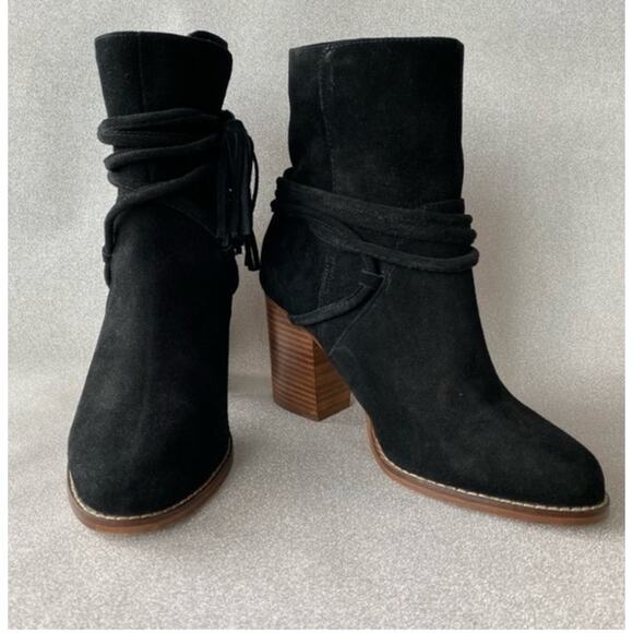 Aldo Contessina Ankle Boots Tie Womens Sz 7 Leather Black Almond Toe Stack Heel - Picture 1 of 11